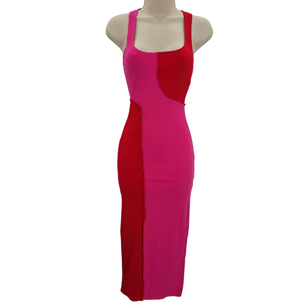 Naked Wardrobe Womans size M Colorblock Racerback Rib Midi Dress Pink/Red NWOT